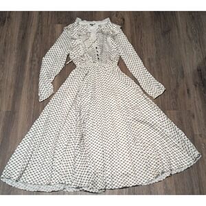 Kathie K White Black Bow Print‎ Ruffle Long Sleeve Midi Dress Size 0 Made USA